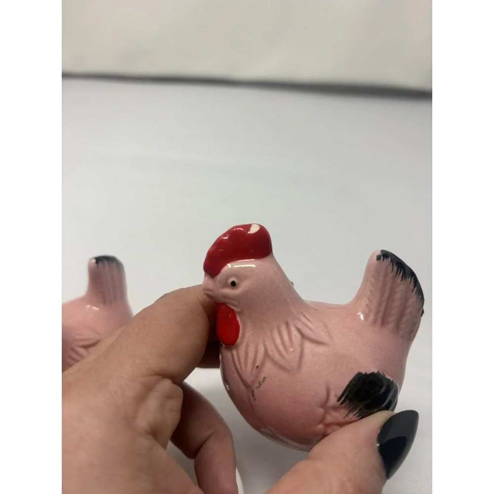 Vintage Pink Red Chicken Ceramic Salt & Pepper Shakers Farmhouse Cottage MCM